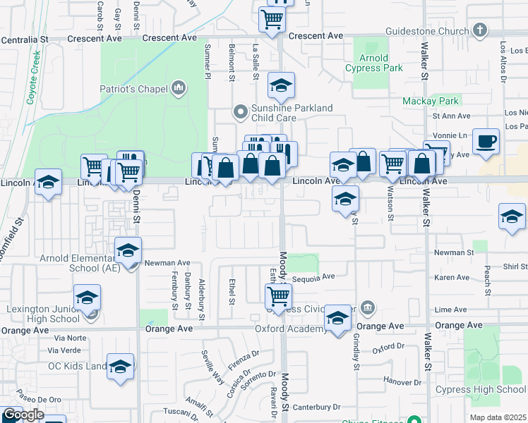 map of restaurants, bars, coffee shops, grocery stores, and more near 9148 Christopher Street in Cypress