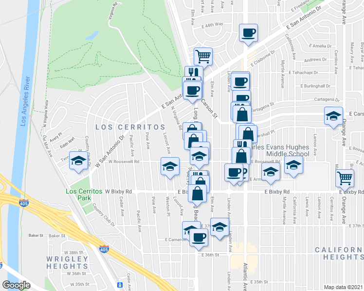 map of restaurants, bars, coffee shops, grocery stores, and more near 3920 Locust Avenue in Long Beach