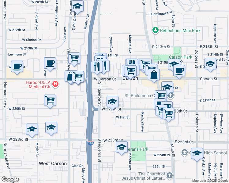 map of restaurants, bars, coffee shops, grocery stores, and more near 21833 Caroldale Avenue in Carson