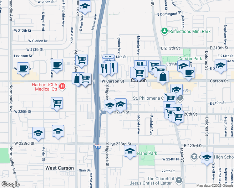 map of restaurants, bars, coffee shops, grocery stores, and more near 21833 Caroldale Avenue in Carson