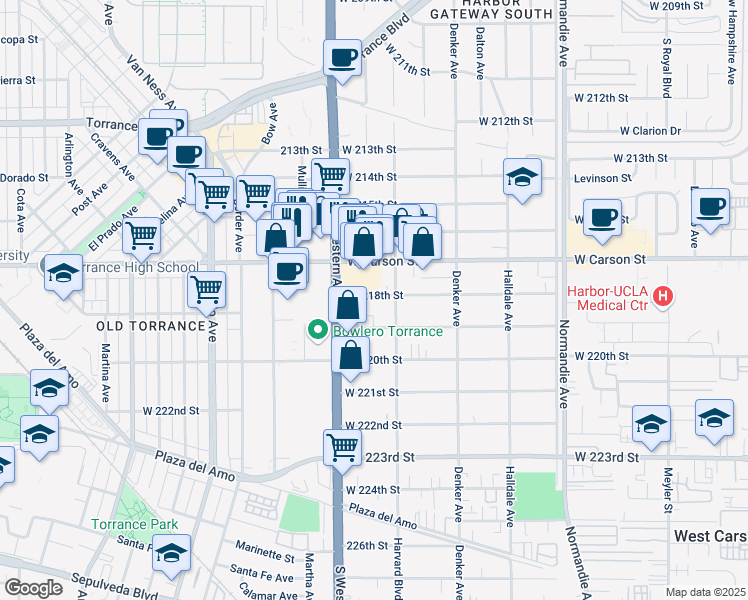 map of restaurants, bars, coffee shops, grocery stores, and more near 1645 West 219th Street in Torrance