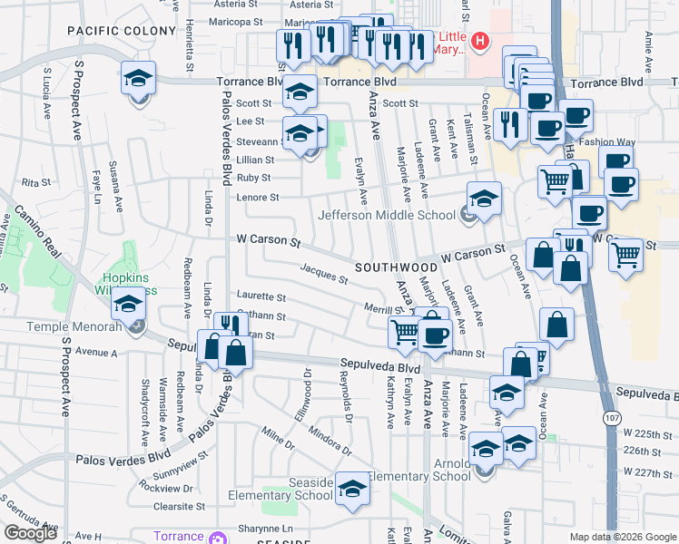 map of restaurants, bars, coffee shops, grocery stores, and more near 4706 Jacques Street in Torrance
