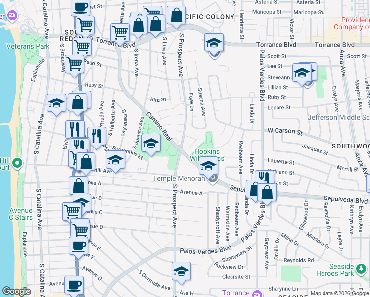 map of restaurants, bars, coffee shops, grocery stores, and more near 1013 Camino Real in Redondo Beach
