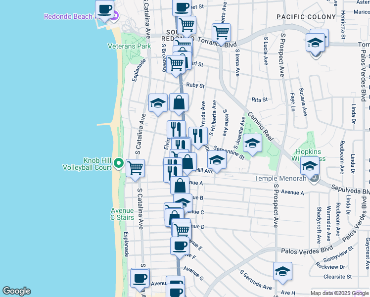 map of restaurants, bars, coffee shops, grocery stores, and more near 629 South Gertruda Avenue in Redondo Beach