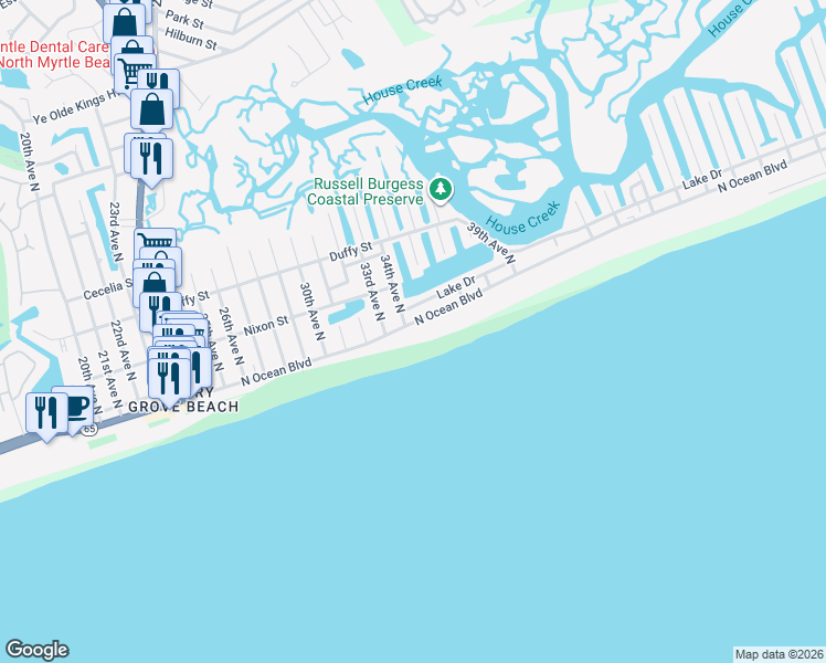 map of restaurants, bars, coffee shops, grocery stores, and more near 3302 North Ocean Boulevard in North Myrtle Beach