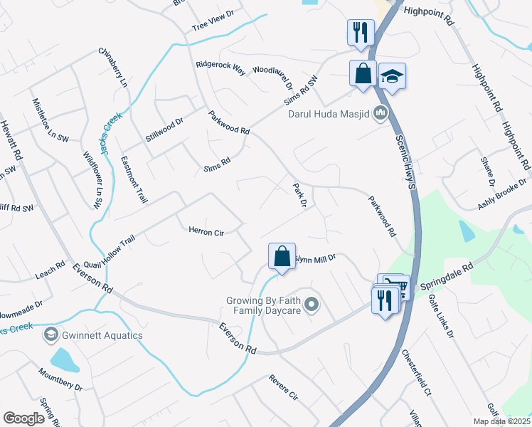 map of restaurants, bars, coffee shops, grocery stores, and more near 3465 Parkwood Road in Snellville