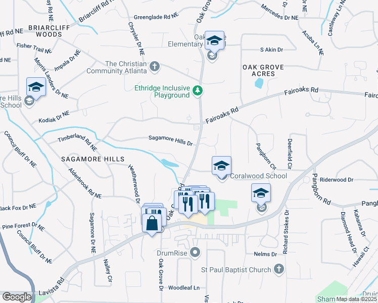 map of restaurants, bars, coffee shops, grocery stores, and more near 1652 Oak Grove Road in Decatur