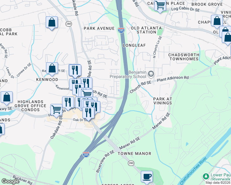 map of restaurants, bars, coffee shops, grocery stores, and more near 5156 Whiteoak Terrace Southeast in Smyrna