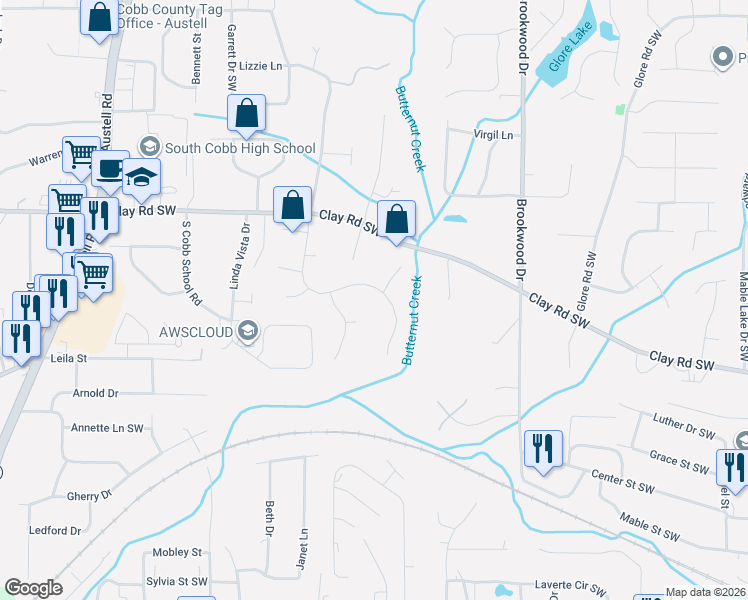 map of restaurants, bars, coffee shops, grocery stores, and more near 5084 Huntcrest Drive Southwest in Mableton