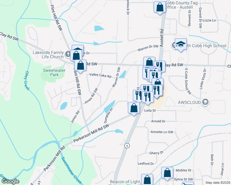 map of restaurants, bars, coffee shops, grocery stores, and more near 2215 Warren Drive Southwest in Austell