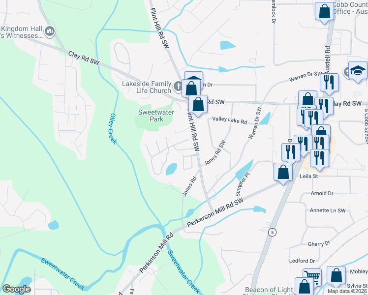map of restaurants, bars, coffee shops, grocery stores, and more near 5144 Lakeview Court in Austell