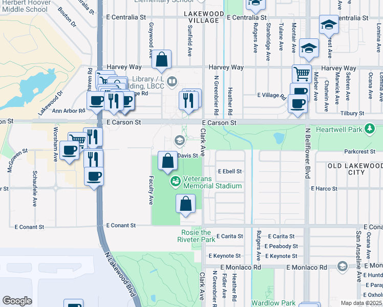 map of restaurants, bars, coffee shops, grocery stores, and more near 4952 East Lew Davis Street in Long Beach