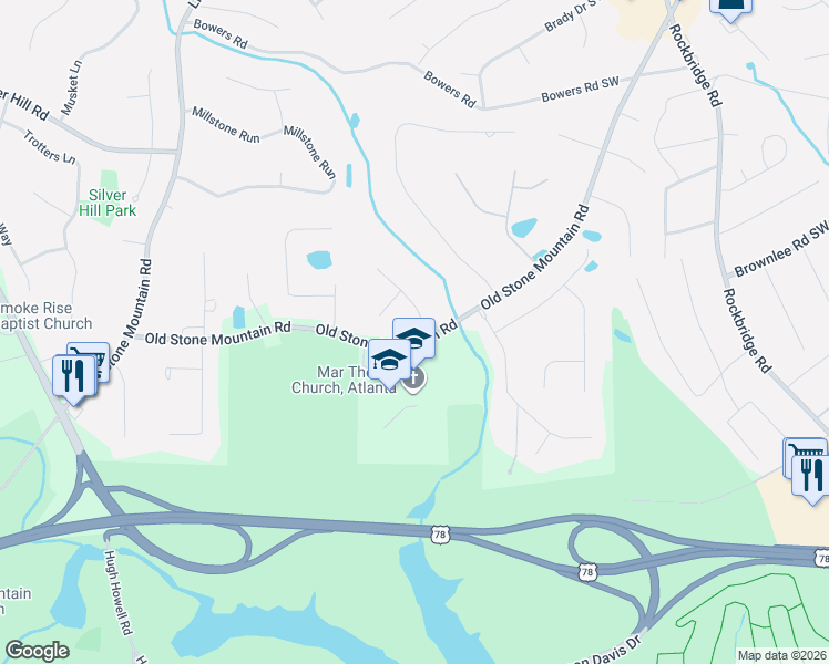 map of restaurants, bars, coffee shops, grocery stores, and more near 1702 East Gate Trail in Stone Mountain