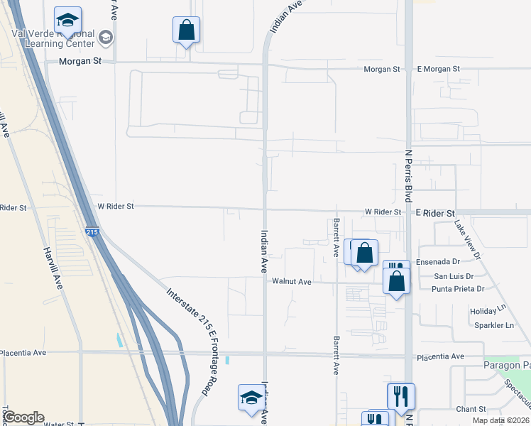 map of restaurants, bars, coffee shops, grocery stores, and more near 3300 Indian Avenue in Perris