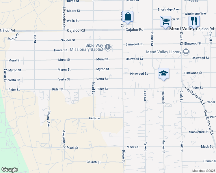 map of restaurants, bars, coffee shops, grocery stores, and more near 20878 Rider Street in Perris