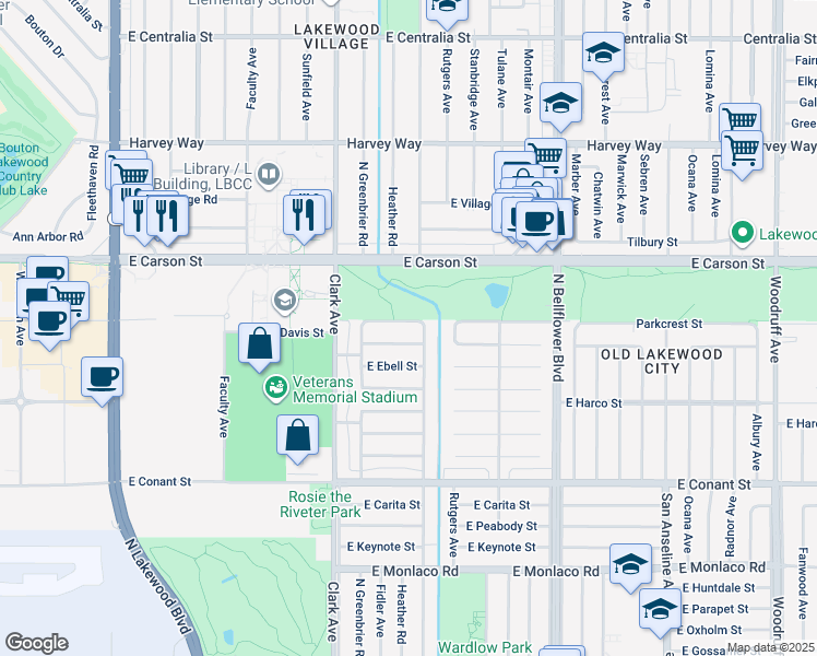 map of restaurants, bars, coffee shops, grocery stores, and more near 5222 Parkcrest Street in Long Beach