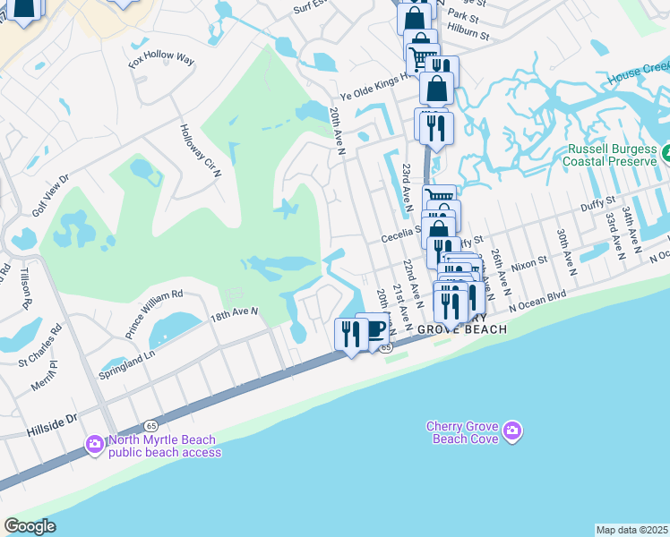 map of restaurants, bars, coffee shops, grocery stores, and more near 300 Shorehaven Drive in North Myrtle Beach
