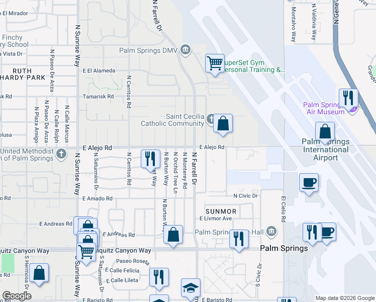 map of restaurants, bars, coffee shops, grocery stores, and more near 465 North Farrell Drive in Palm Springs