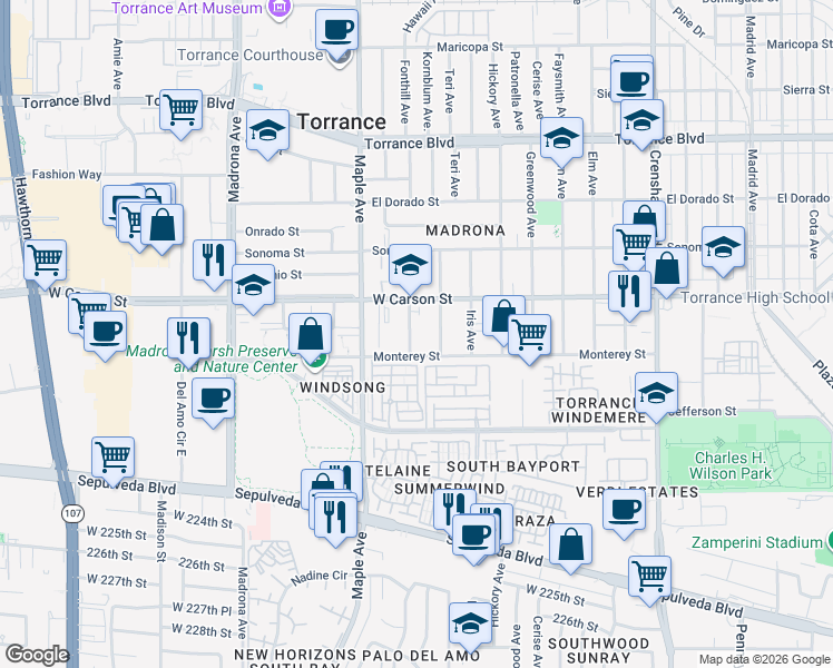 map of restaurants, bars, coffee shops, grocery stores, and more near 1754 Flower Avenue in Torrance