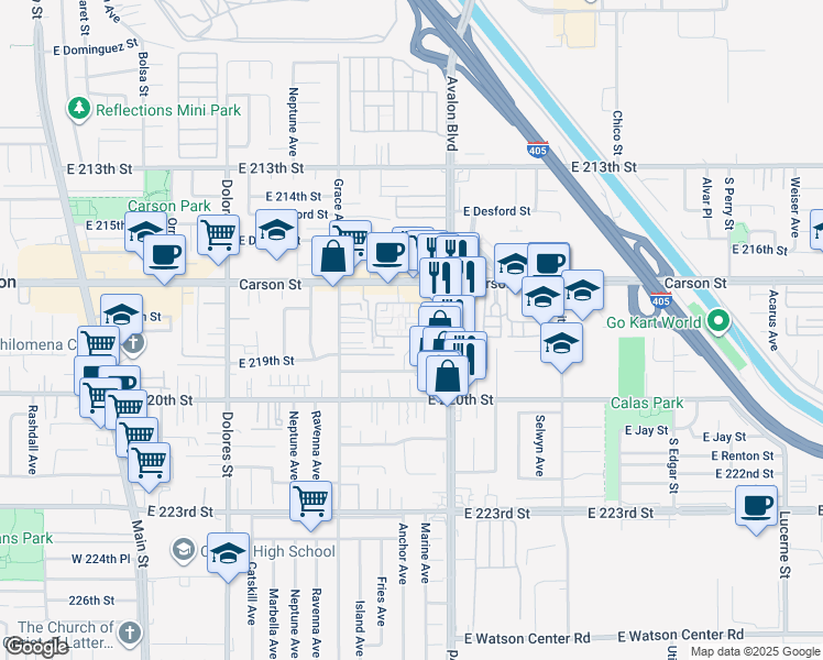 map of restaurants, bars, coffee shops, grocery stores, and more near 694 Colorado Circle in Carson