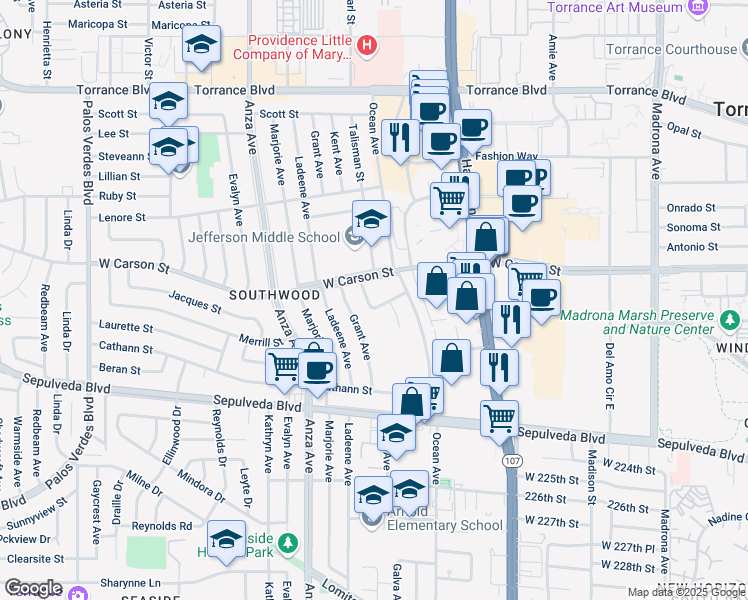 map of restaurants, bars, coffee shops, grocery stores, and more near 21826 Kent Avenue in Torrance