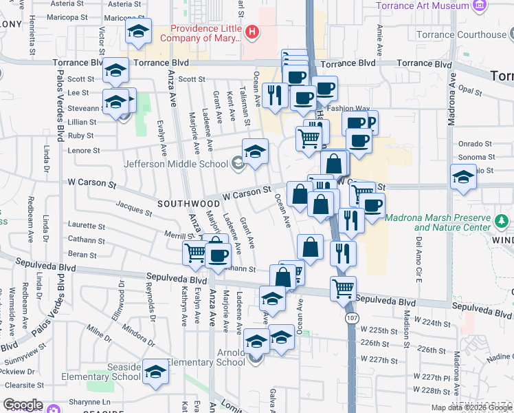 map of restaurants, bars, coffee shops, grocery stores, and more near 21826 Kent Avenue in Torrance