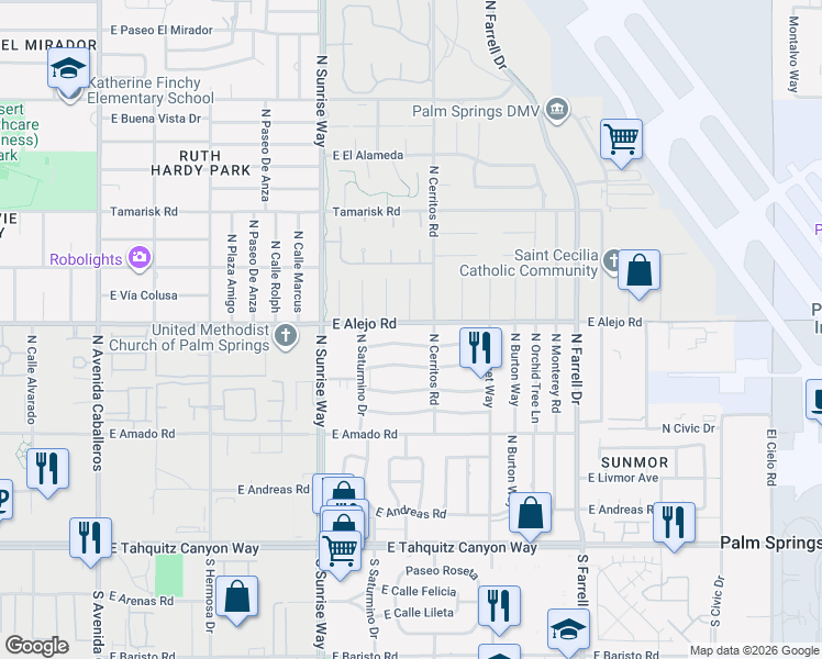map of restaurants, bars, coffee shops, grocery stores, and more near 2015 East Belding Drive in Palm Springs