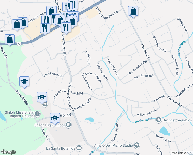 map of restaurants, bars, coffee shops, grocery stores, and more near 2470 Northbrook Road in Snellville