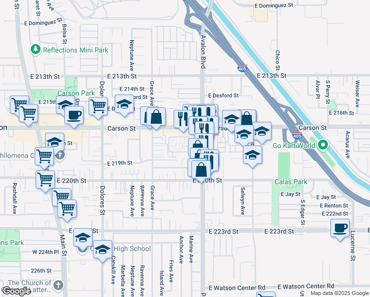 map of restaurants, bars, coffee shops, grocery stores, and more near 21827 South Avalon Boulevard in Carson