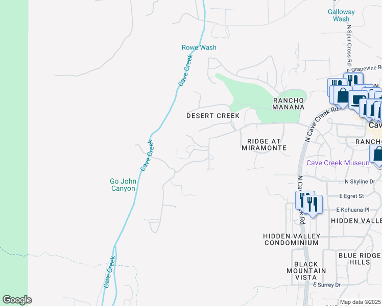 map of restaurants, bars, coffee shops, grocery stores, and more near 5445 East Rancho Manana Boulevard in Cave Creek
