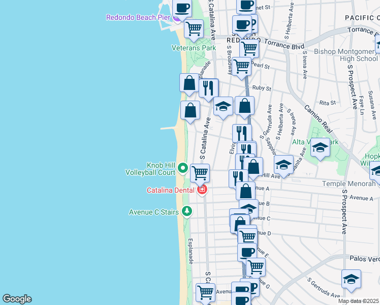 map of restaurants, bars, coffee shops, grocery stores, and more near in Redondo Beach