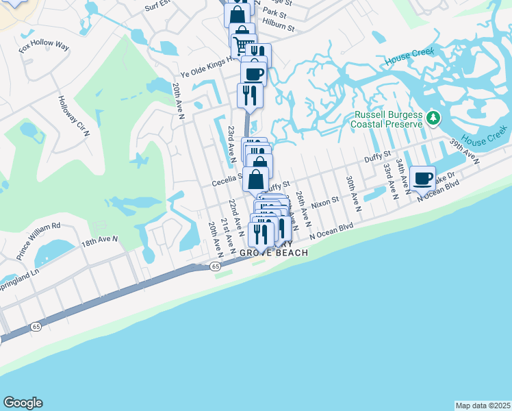 map of restaurants, bars, coffee shops, grocery stores, and more near 300 Sea Mountain Highway in North Myrtle Beach