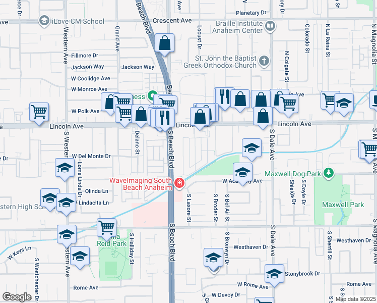 map of restaurants, bars, coffee shops, grocery stores, and more near 109 Laxore Street in Anaheim
