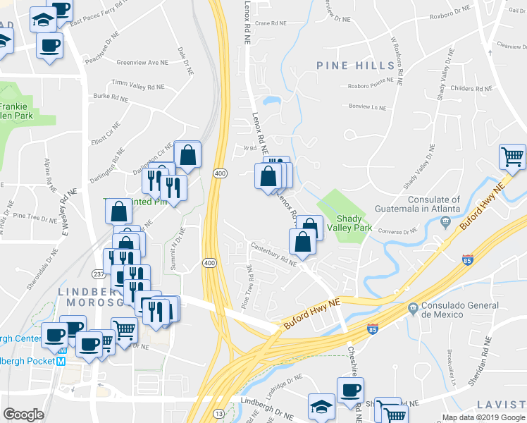 map of restaurants, bars, coffee shops, grocery stores, and more near Pine Heights Drive Northeast in Atlanta
