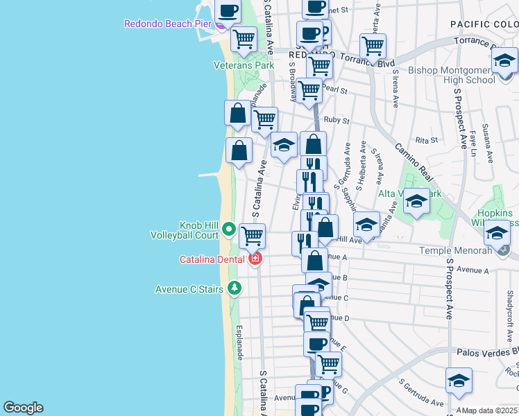 map of restaurants, bars, coffee shops, grocery stores, and more near 718 South Catalina Avenue in Redondo Beach