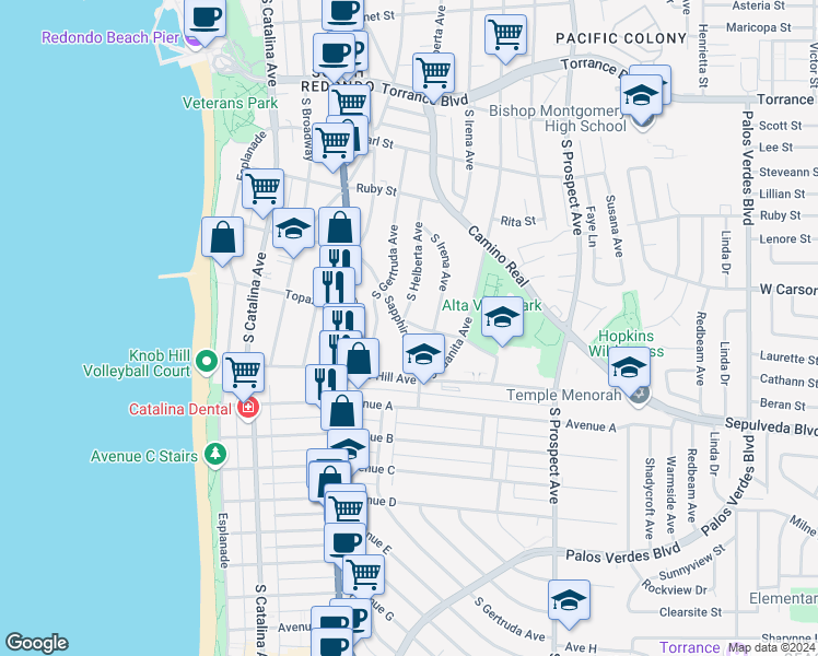 map of restaurants, bars, coffee shops, grocery stores, and more near 703 Sapphire Street in Redondo Beach