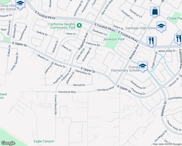 map of restaurants, bars, coffee shops, grocery stores, and more near 1069 Stanislaus Drive in Corona