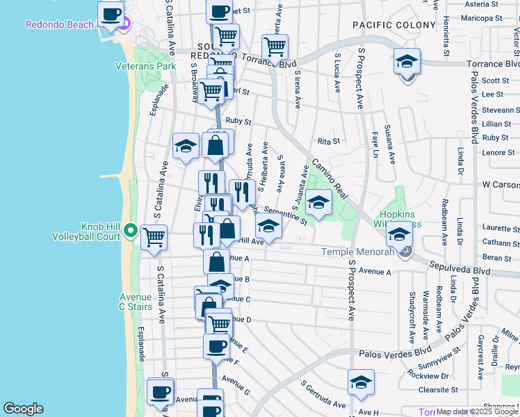 map of restaurants, bars, coffee shops, grocery stores, and more near 703 Sapphire Street in Redondo Beach