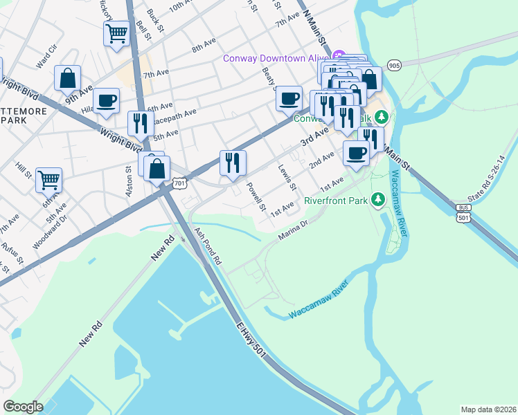 map of restaurants, bars, coffee shops, grocery stores, and more near 1508 1st Avenue in Conway