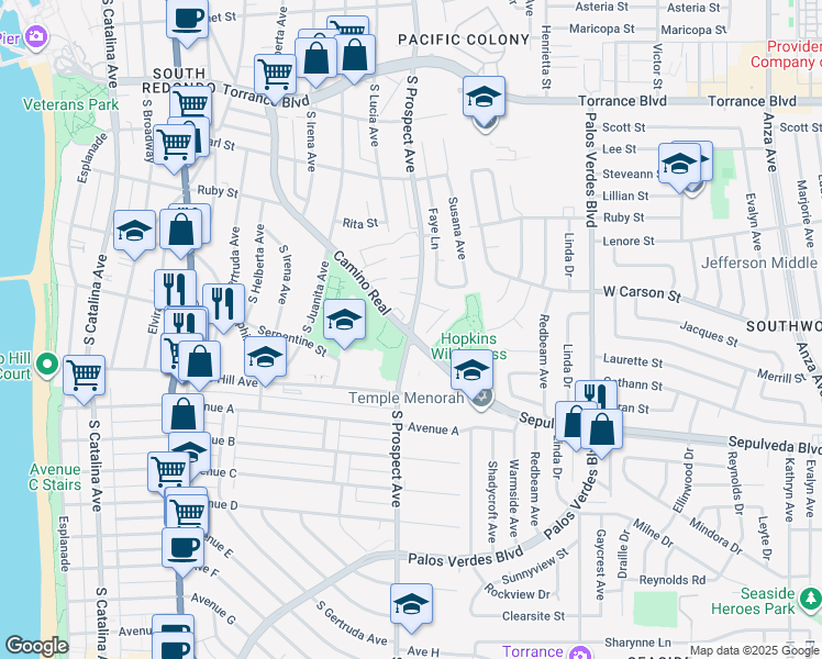 map of restaurants, bars, coffee shops, grocery stores, and more near in Redondo Beach