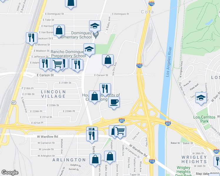 map of restaurants, bars, coffee shops, grocery stores, and more near 3901 Via Oro Avenue in Long Beach