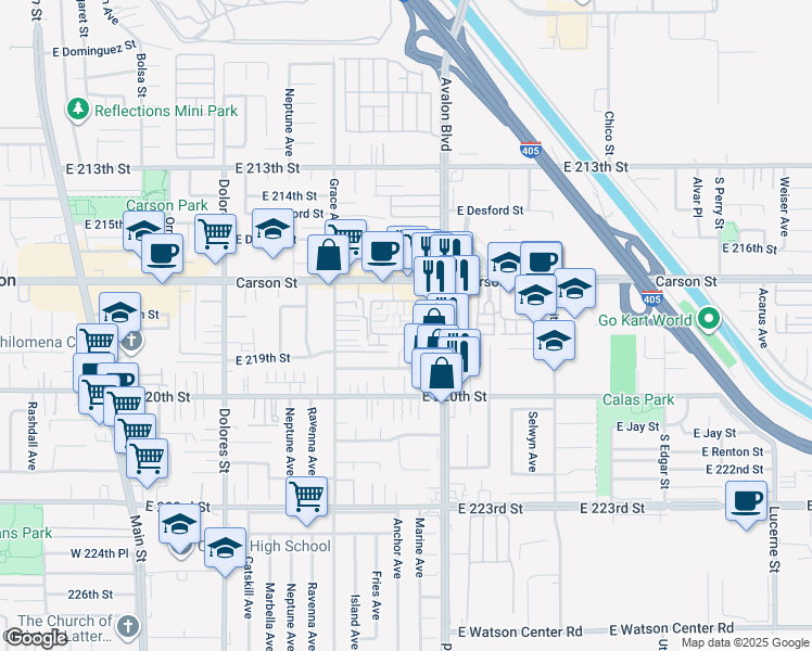 map of restaurants, bars, coffee shops, grocery stores, and more near 694 Colorado Circle in Carson