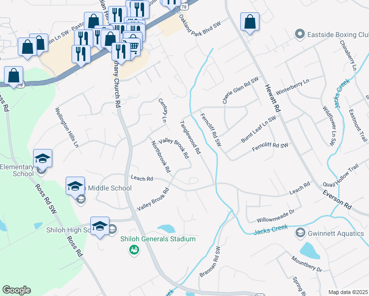 map of restaurants, bars, coffee shops, grocery stores, and more near 3918 Valley Brook Road in Snellville