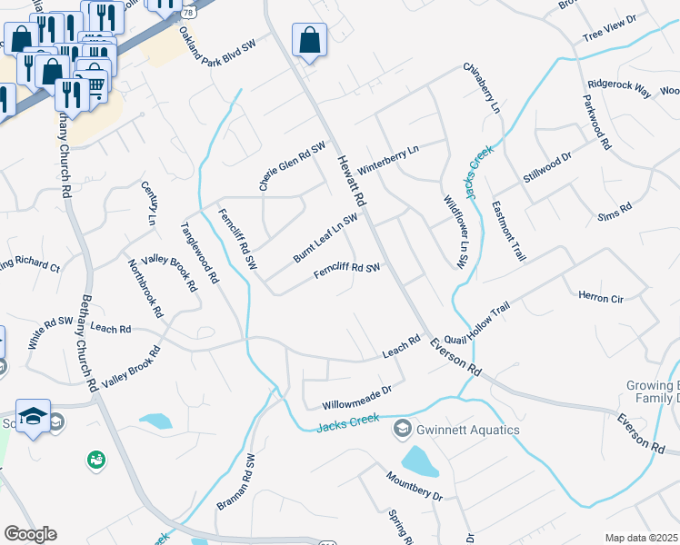 map of restaurants, bars, coffee shops, grocery stores, and more near 3724 Ferncliff Road Southwest in Snellville