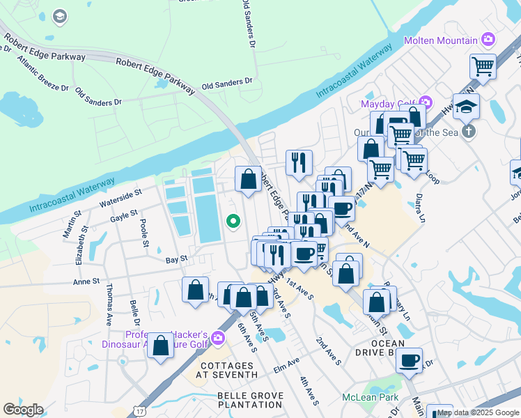 map of restaurants, bars, coffee shops, grocery stores, and more near 1012 1st Avenue South in North Myrtle Beach
