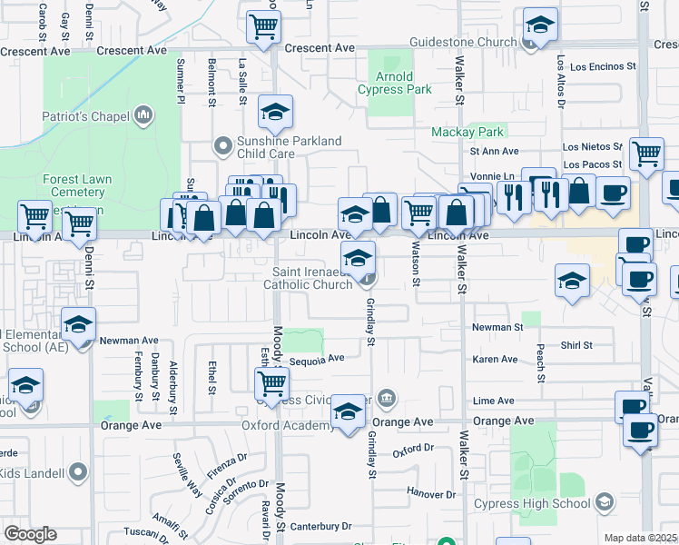 map of restaurants, bars, coffee shops, grocery stores, and more near 9151 Grindlay Street in Cypress