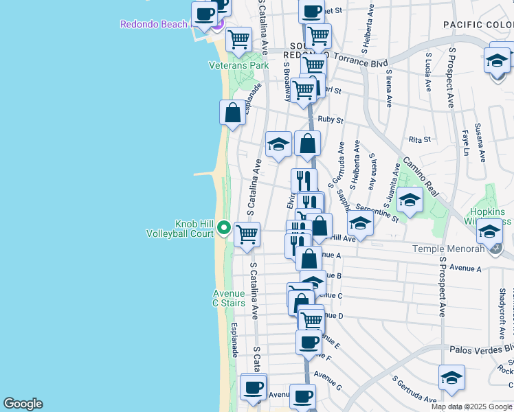map of restaurants, bars, coffee shops, grocery stores, and more near 718 South Catalina Avenue in Redondo Beach