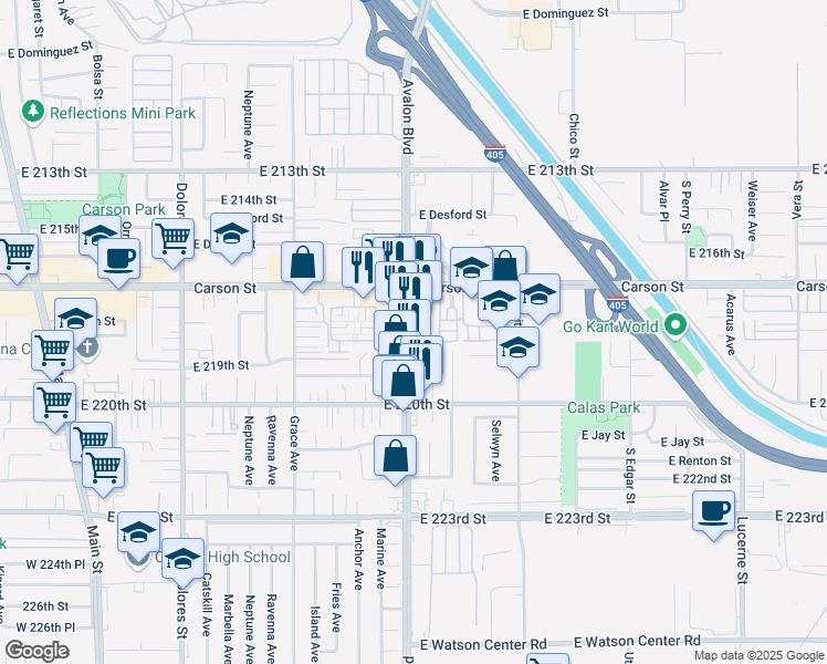 map of restaurants, bars, coffee shops, grocery stores, and more near 21907 Hansom Avenue in Carson