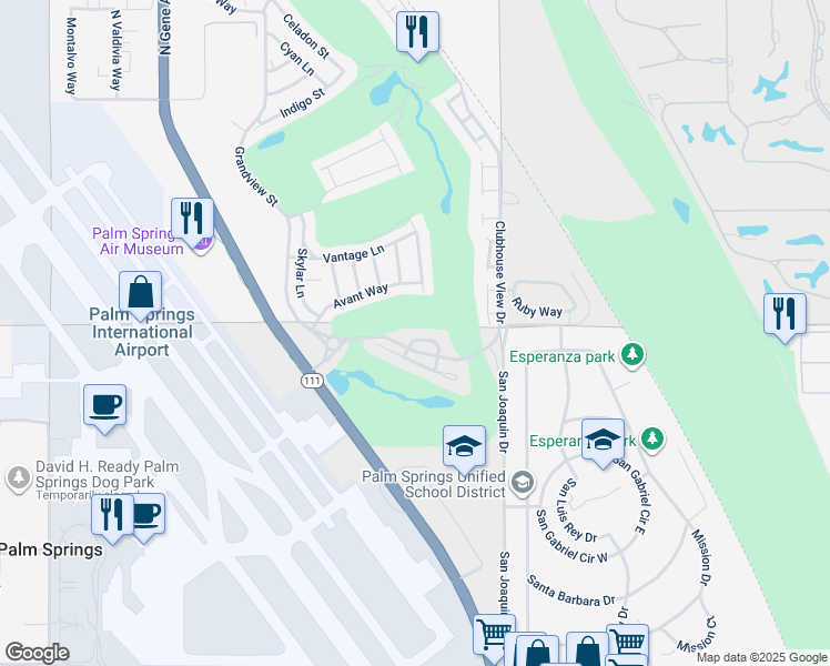 map of restaurants, bars, coffee shops, grocery stores, and more near 4487 Alcala Way in Palm Springs
