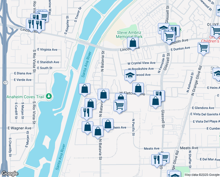 map of restaurants, bars, coffee shops, grocery stores, and more near 801 West Fletcher Avenue in Orange